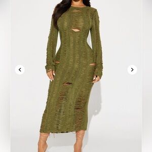 Fashion Nova Distressed Olive Long Sleeve Dress